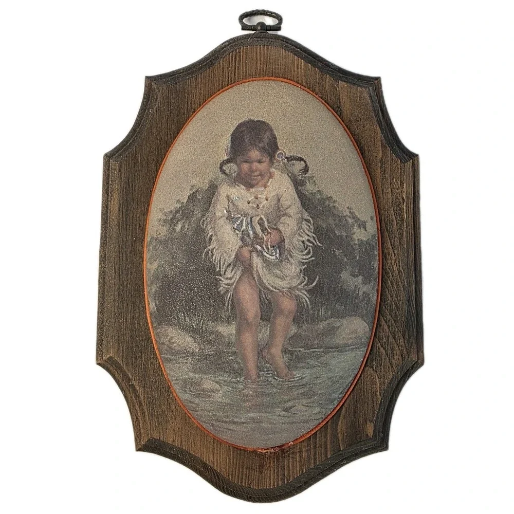 Vintage Beaded Sugar Glass Wall Art Plaque Native American Girl Vel Miller Print